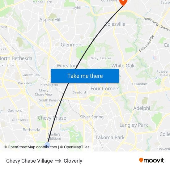 Chevy Chase Village to Cloverly map