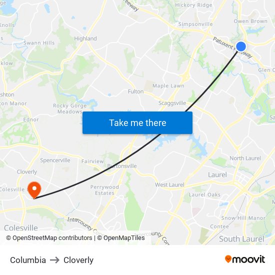 Columbia to Cloverly map