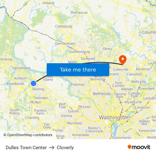 Dulles Town Center to Cloverly map