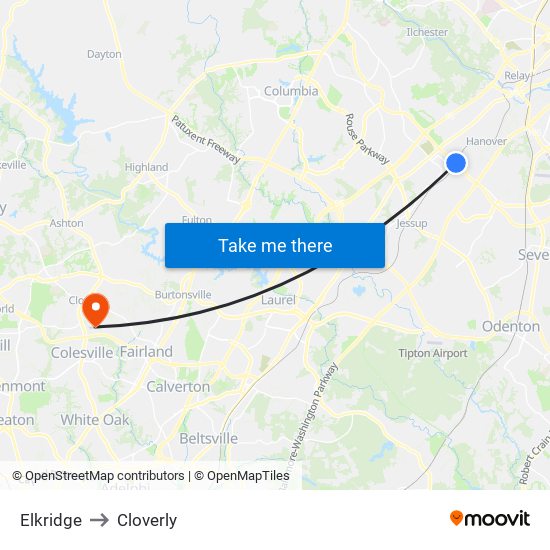 Elkridge to Cloverly map