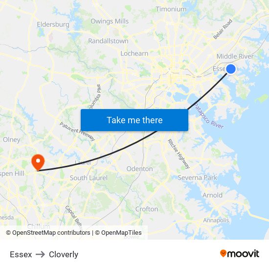 Essex to Cloverly map