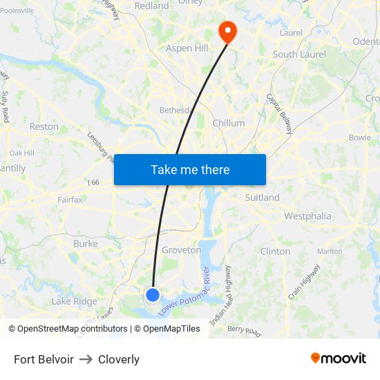 Fort Belvoir to Cloverly map