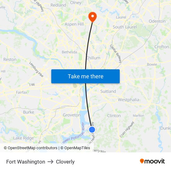 Fort Washington to Cloverly map
