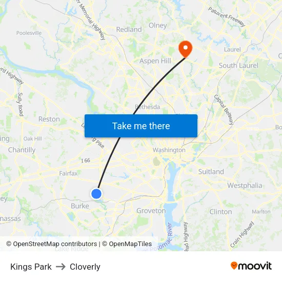 Kings Park to Cloverly map