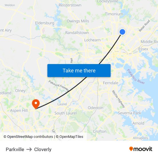 Parkville to Cloverly map