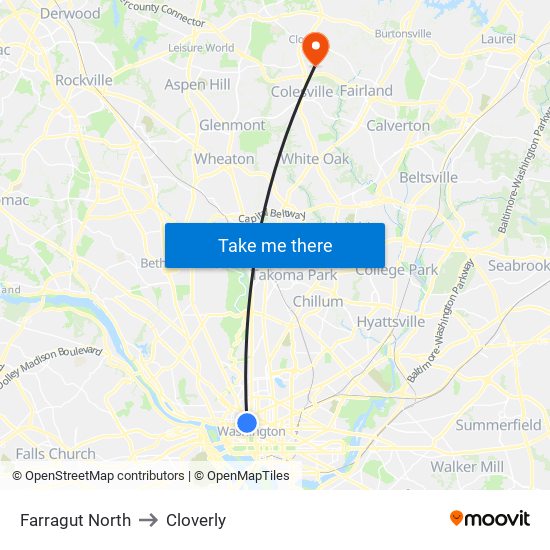 Farragut North to Cloverly map