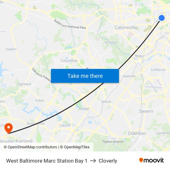 West Baltimore Marc Station Bay 1 to Cloverly map