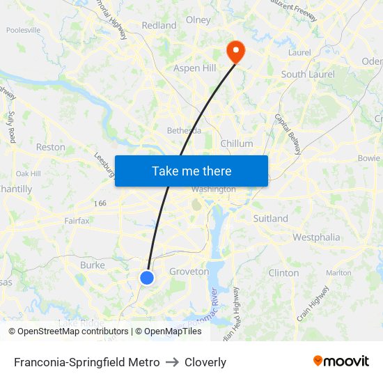 Franconia-Springfield Metro to Cloverly map