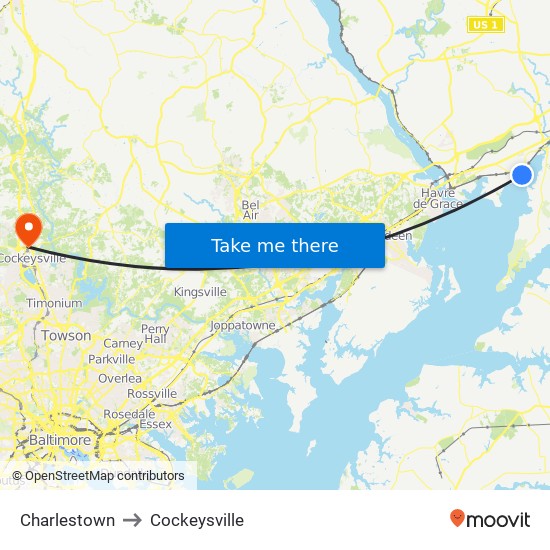 Charlestown to Cockeysville map