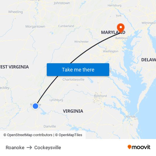 Roanoke to Cockeysville map