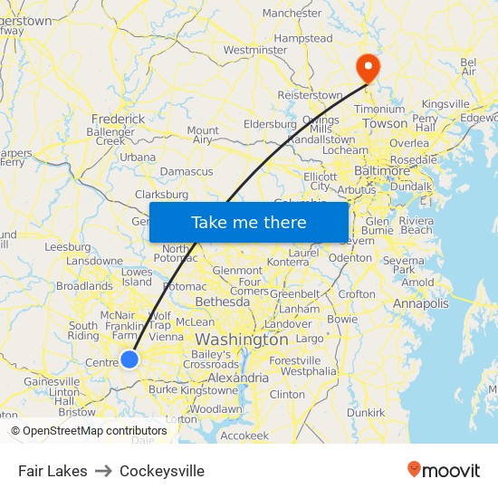 Fair Lakes to Cockeysville map