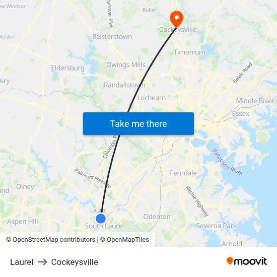 Laurel to Cockeysville map