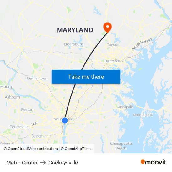 Metro Center to Cockeysville map