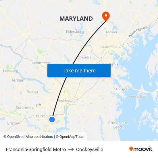 Franconia-Springfield Metro to Cockeysville map