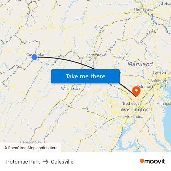 Potomac Park to Colesville map