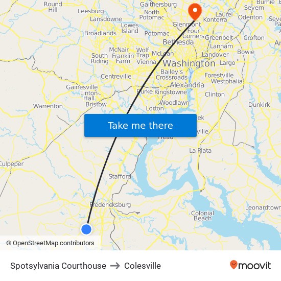 Spotsylvania Courthouse to Colesville map