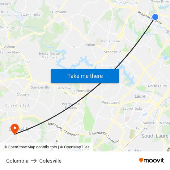 Columbia to Colesville map