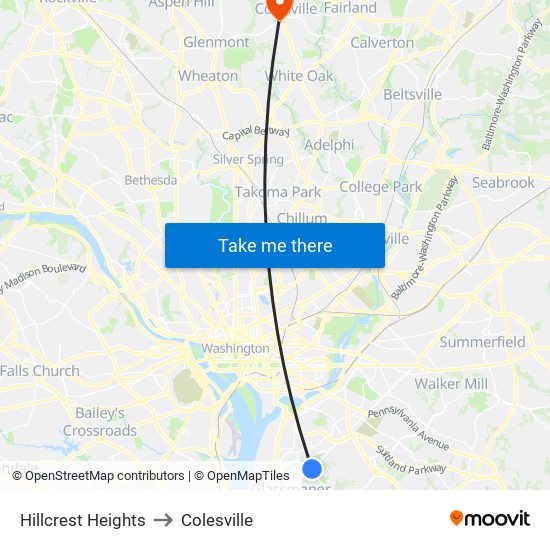 Hillcrest Heights to Colesville map