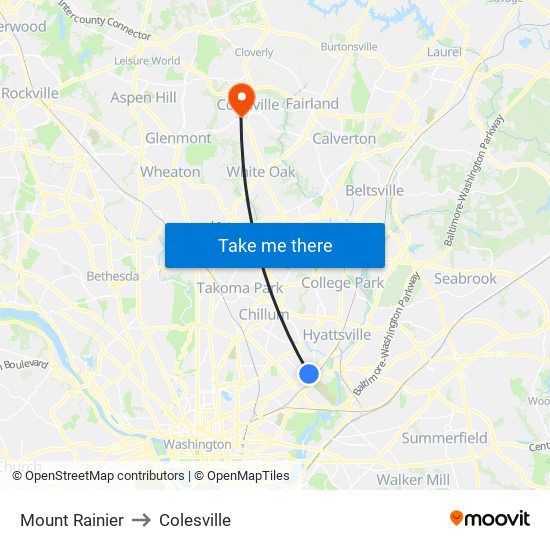 Mount Rainier to Colesville map