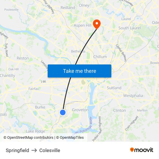 Springfield to Colesville map