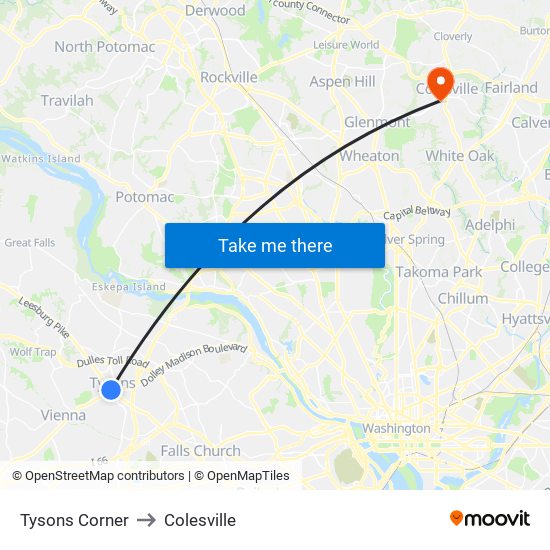 Tysons Corner to Colesville map