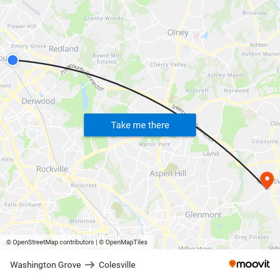 Washington Grove to Colesville map