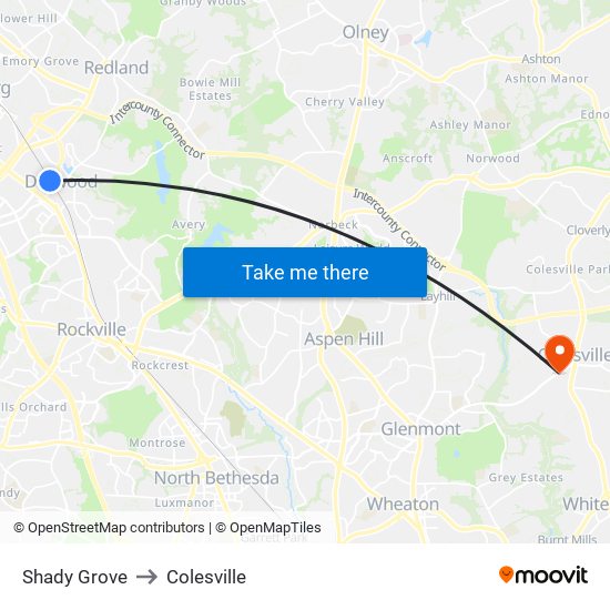 Shady Grove to Colesville map