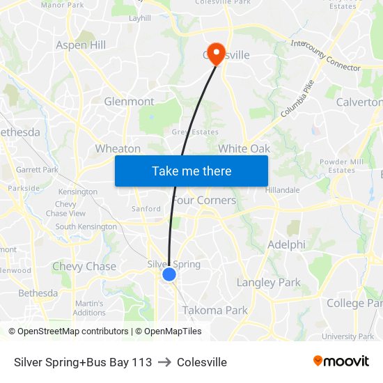 Silver Spring+Bay 113 to Colesville map