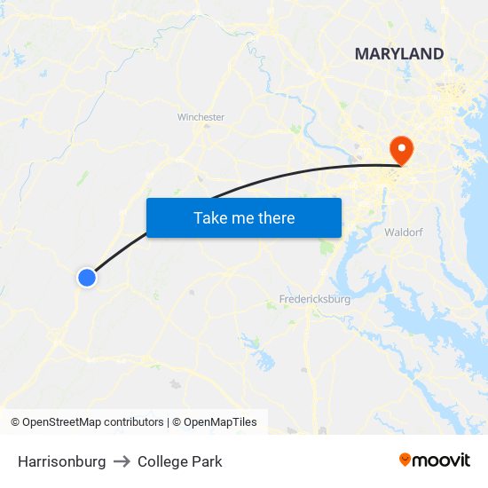 Harrisonburg to College Park map