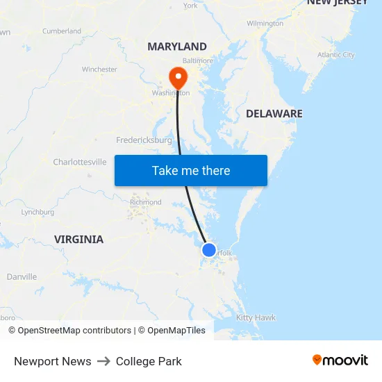 Newport News to College Park map