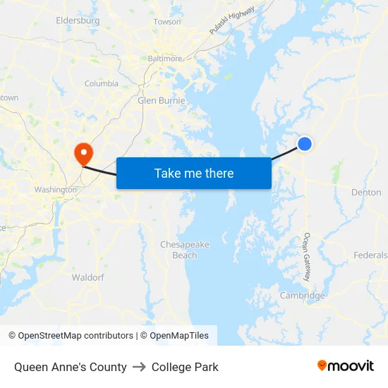 Queen Anne's County to College Park map