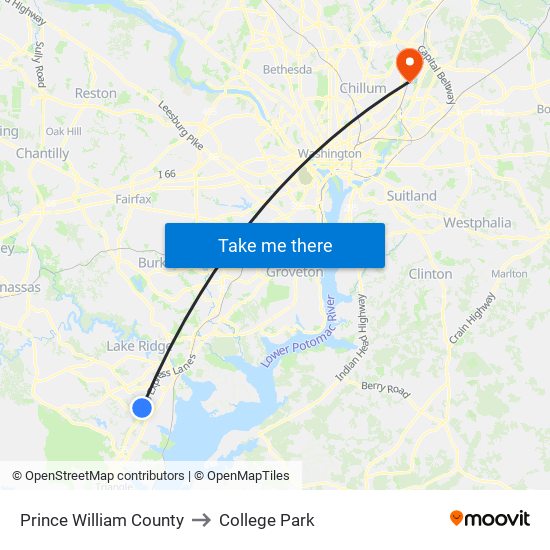 Prince William County to College Park map