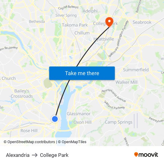 Alexandria to College Park map