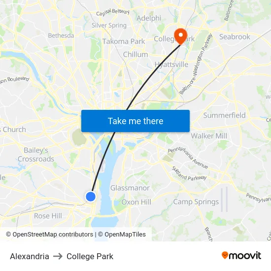Alexandria to College Park map