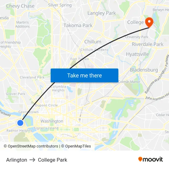 Arlington to College Park map