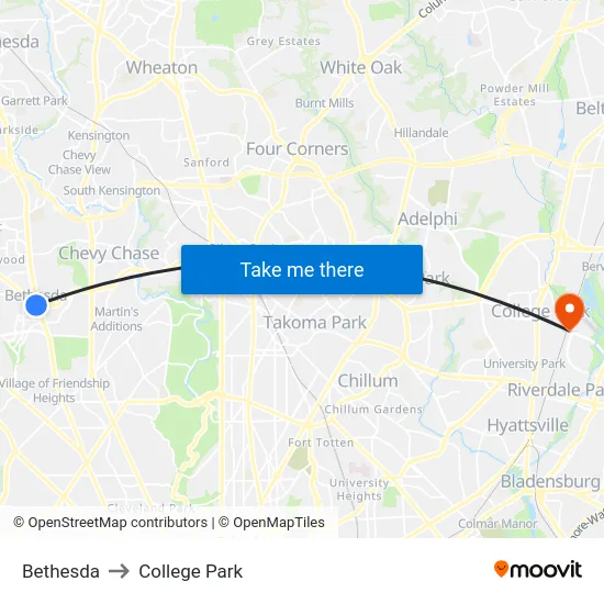 Bethesda to College Park map