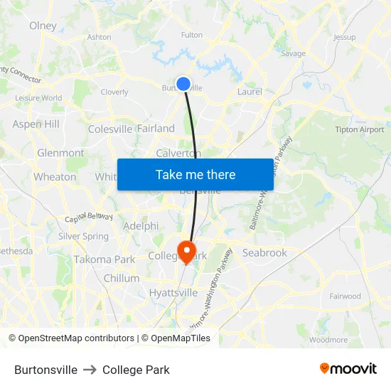 Burtonsville to College Park map