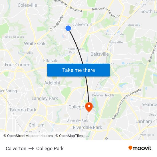 Calverton to College Park map