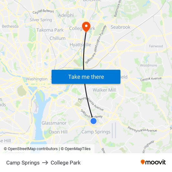 Camp Springs to College Park map