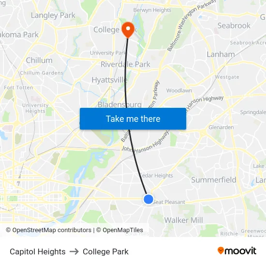 Capitol Heights to College Park map
