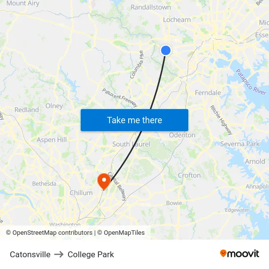 Catonsville to College Park map