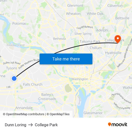 Dunn Loring to College Park map