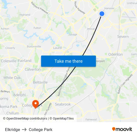 Elkridge to College Park map