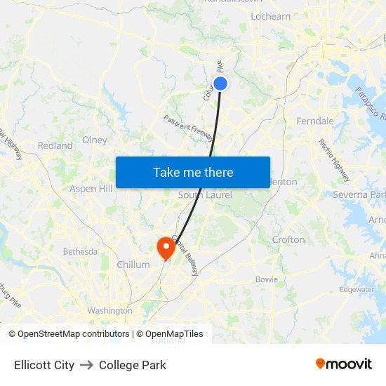 Ellicott City to College Park map