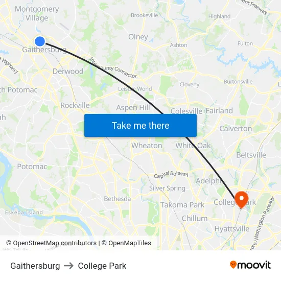 Gaithersburg to College Park map