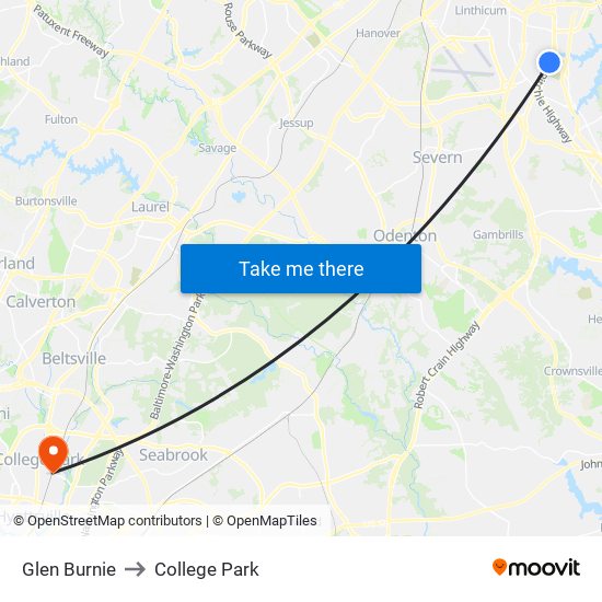 Glen Burnie to College Park map