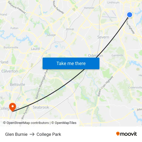 Glen Burnie to College Park map