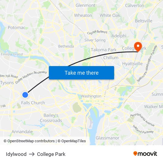 Idylwood to College Park map