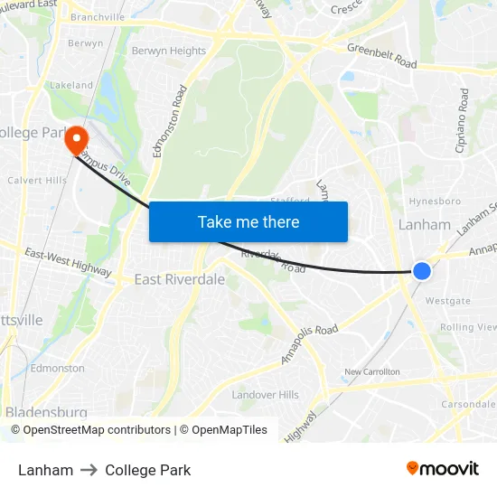 Lanham to College Park map