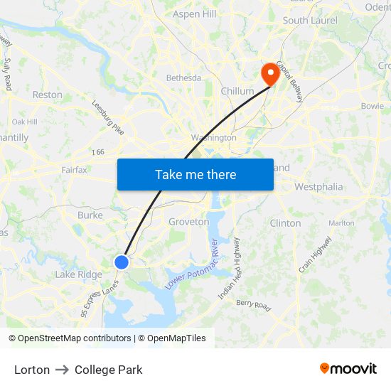 Lorton to College Park map